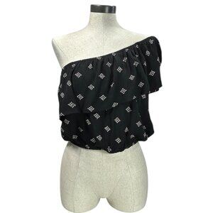 AMUSE SOCIETY One Shoulder Top Sz M Black Beige Floral Diamond Tiered Ruffled